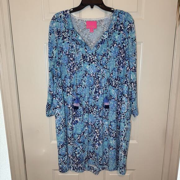 Lilly Pulitzer Dresses & Skirts - Lilly Pulitzer Marilina Tunic Dress Blue Light Aqua Shell Resortwear Beach XL